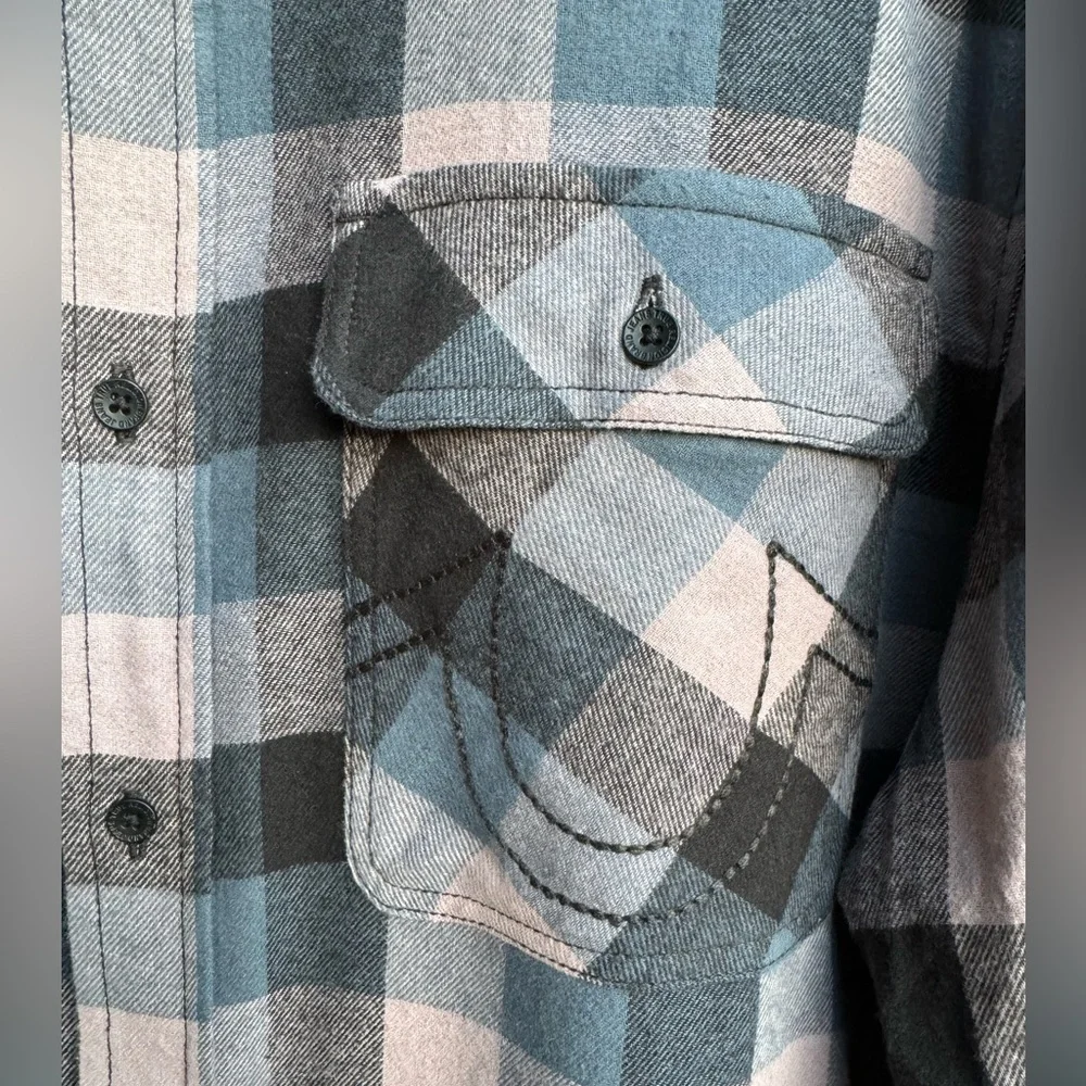 True Religion Palm Tree Check Plaid Long Sleeve Button Down Shirt. NWT. Size- XL